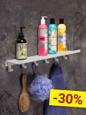 Полка для ванной комнаты с крючками навесная прямая белая 6 крючков 50x12x6